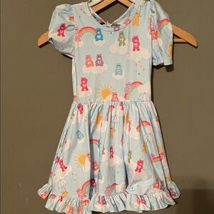 Charming Blue Kids Dress with Bear and Rainbow Print